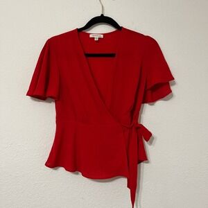 Monteau Red Wrap Peplum Blouse S Flutter Sleeve V Neck Tie Waist Top